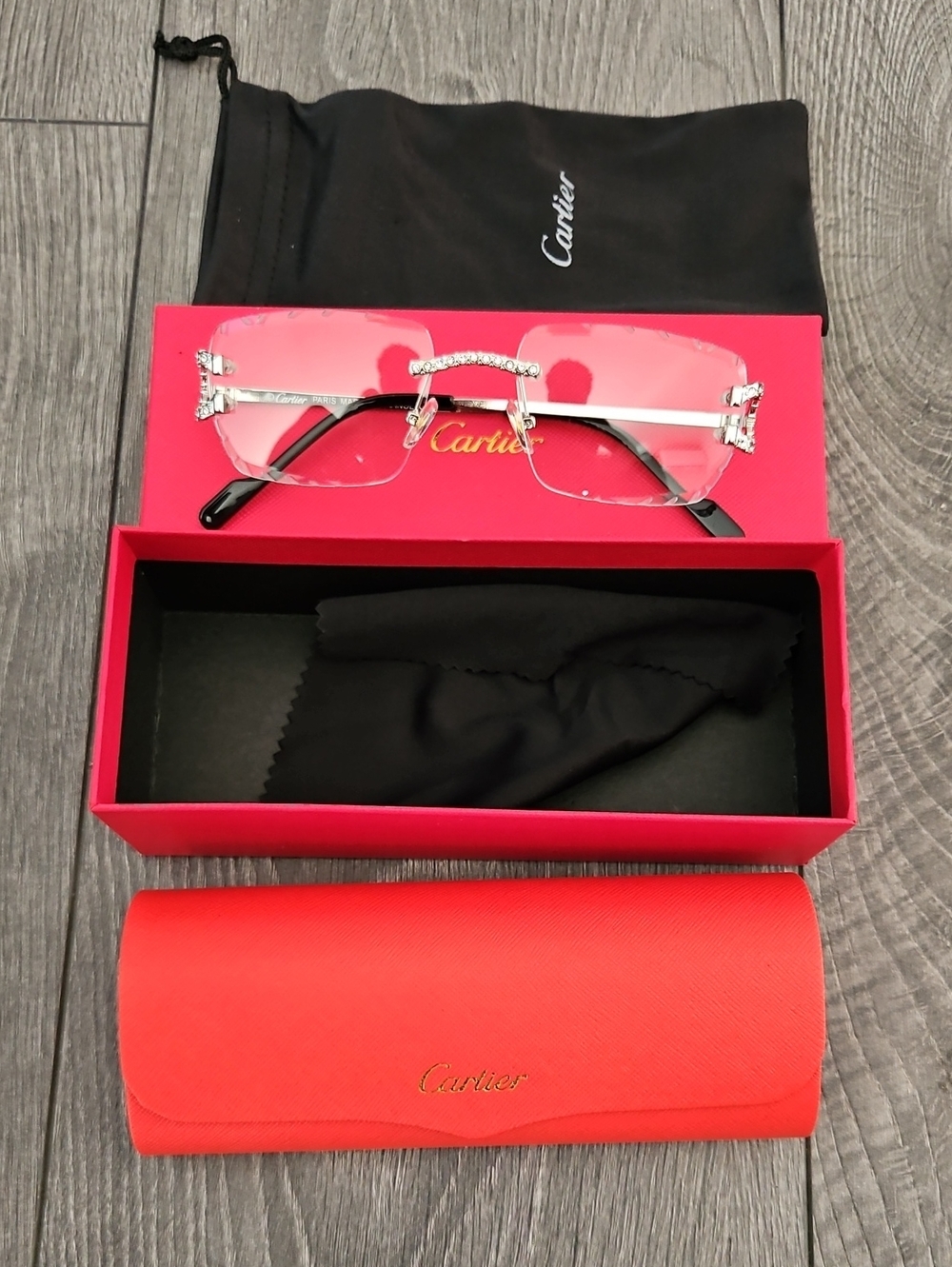 Cartier Rimless Pink Lens Women's Glasses with Crystal Bridge